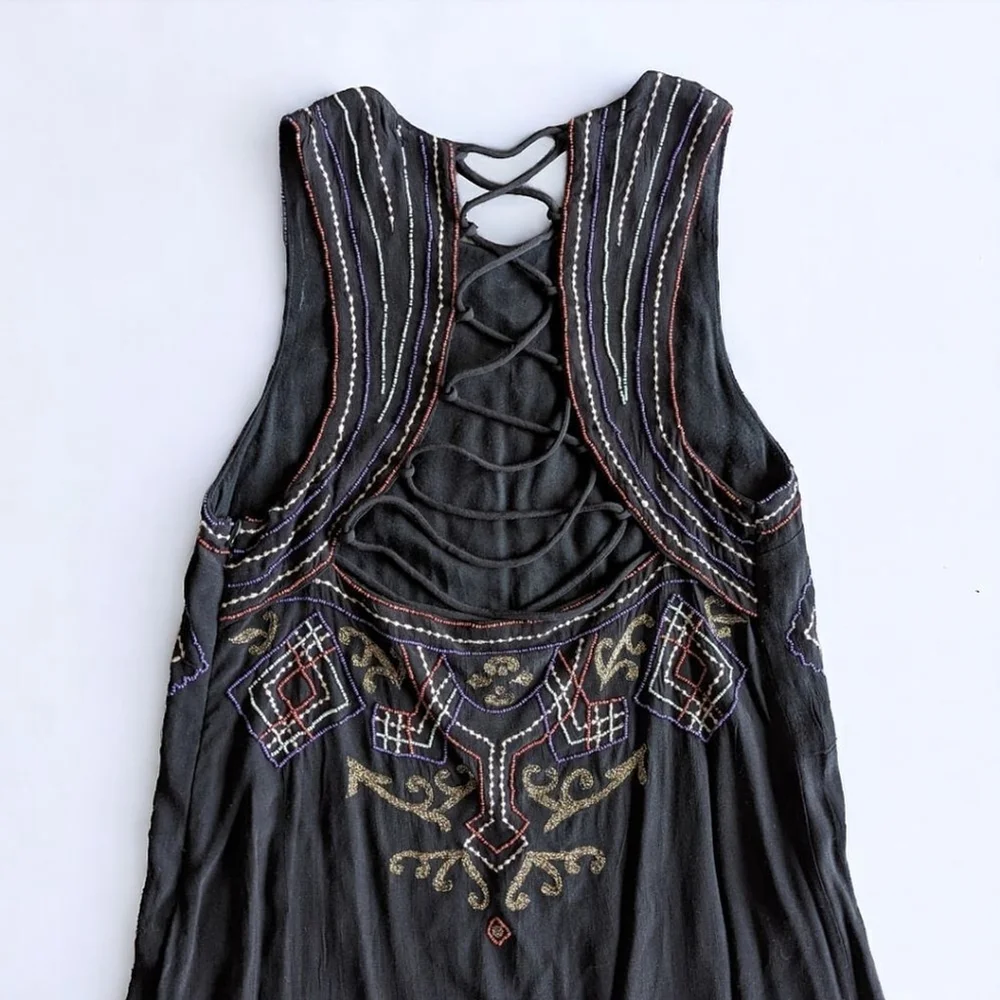 Free People Beaded Black Mandala Sleeveless Mini Dress Lace Up Back Womens Sz 2